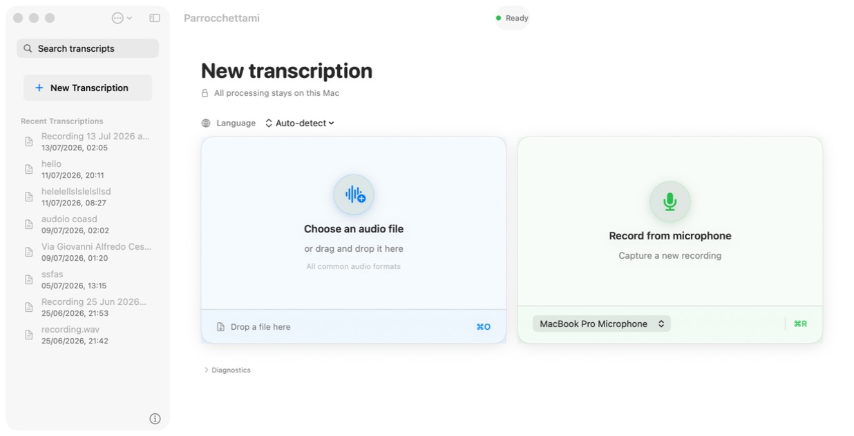 Screenshot reale delle due modalità di Parrocchettami: trascrizione di un file audio e registrazione dal microfono.