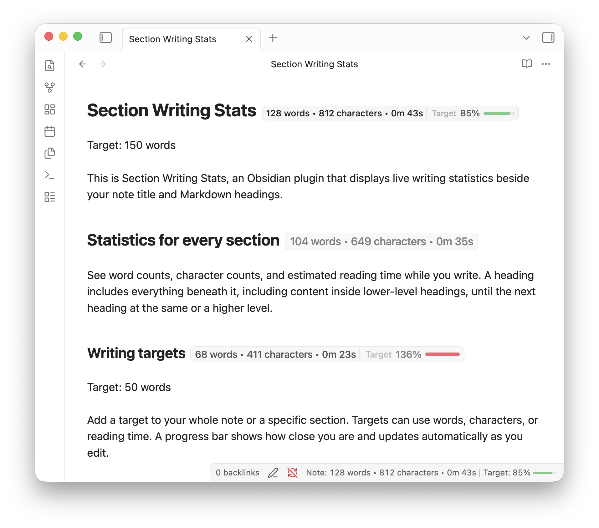 Section Writing Stats showing heading badges, note statistics, and writing-target progress in Obsidian